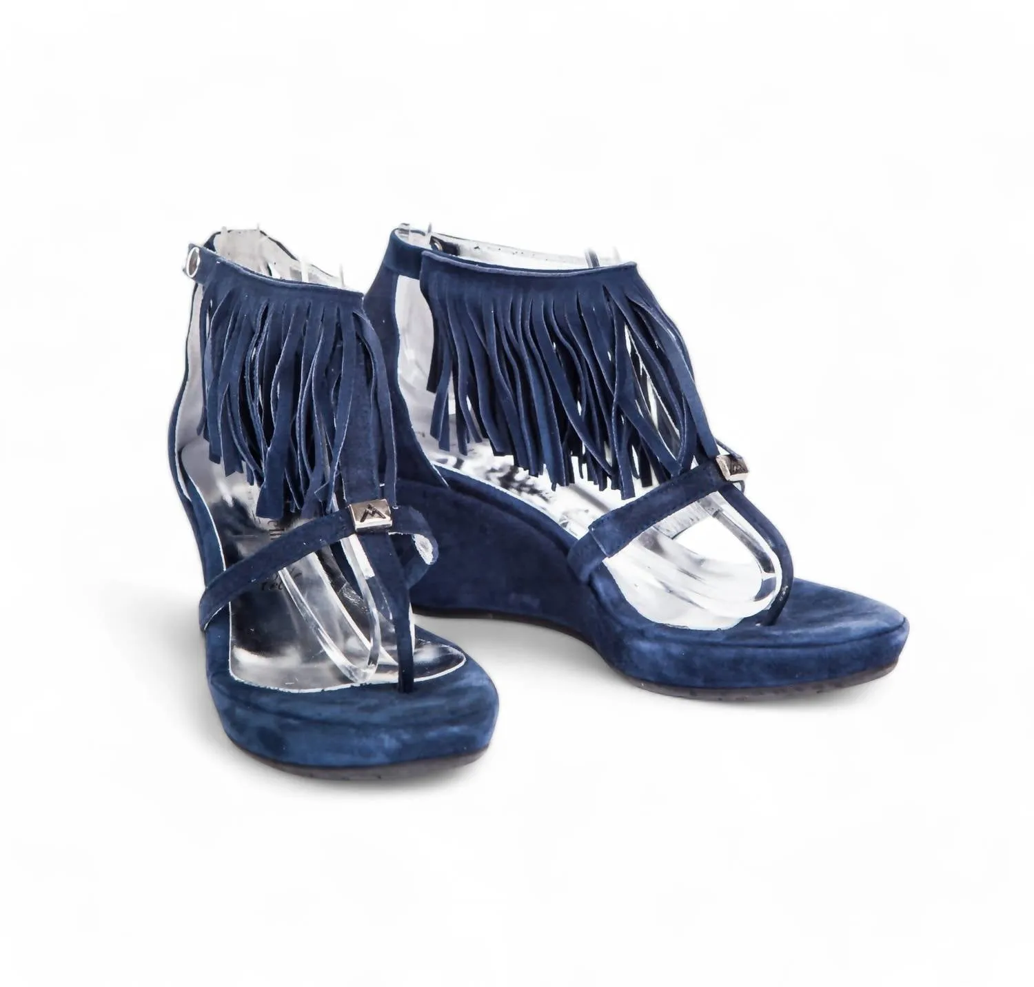 Suede Leather Fringe Wedge Sandals In Blue