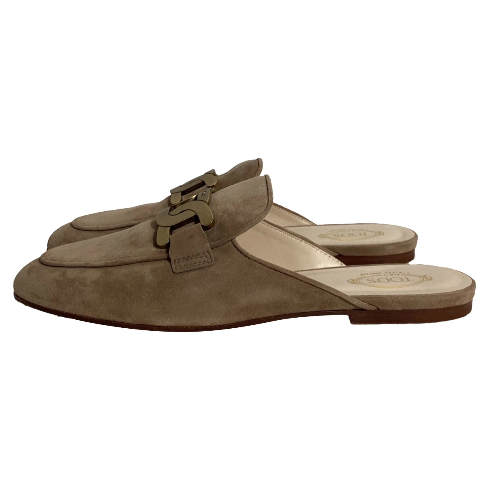 Tod's Chain-Detail Mules in Beige Suede