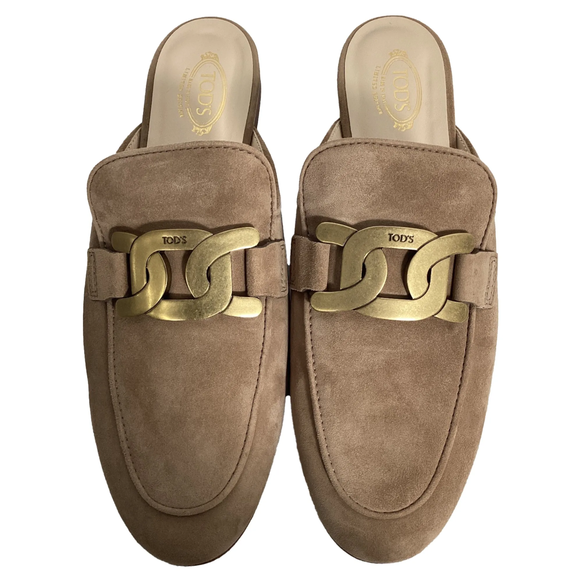 Tod's Chain-Detail Mules in Beige Suede