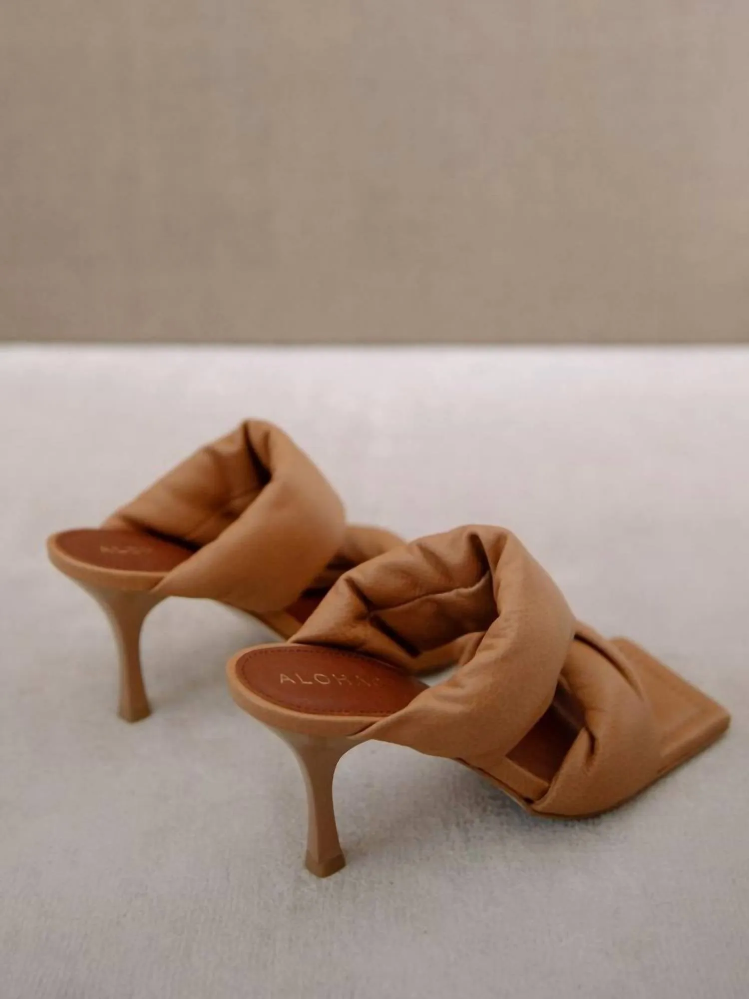 Twist Strap Leather Mules In Camel