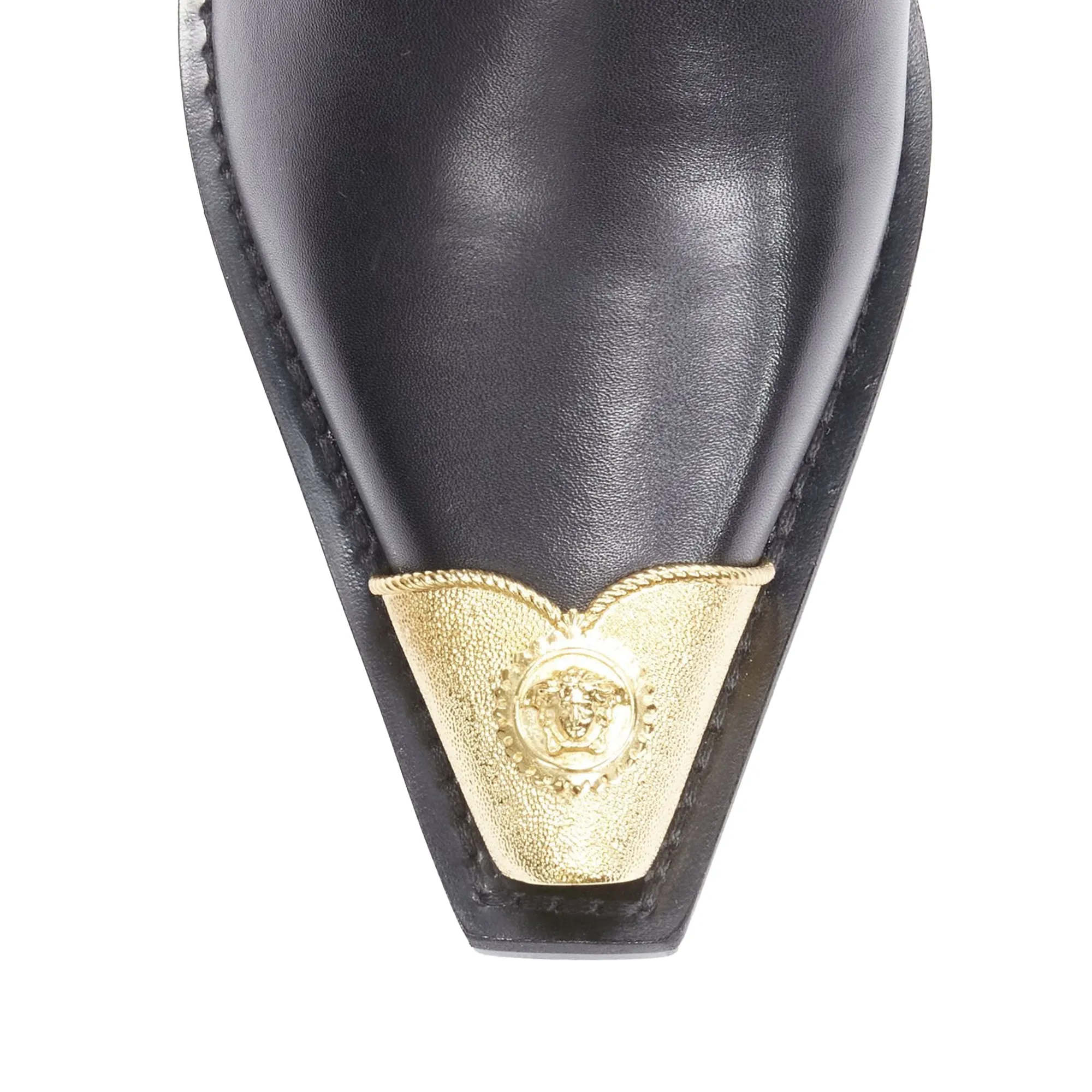 Versace Leather Gold Medusa Toe Western Buckle Cuban Mule