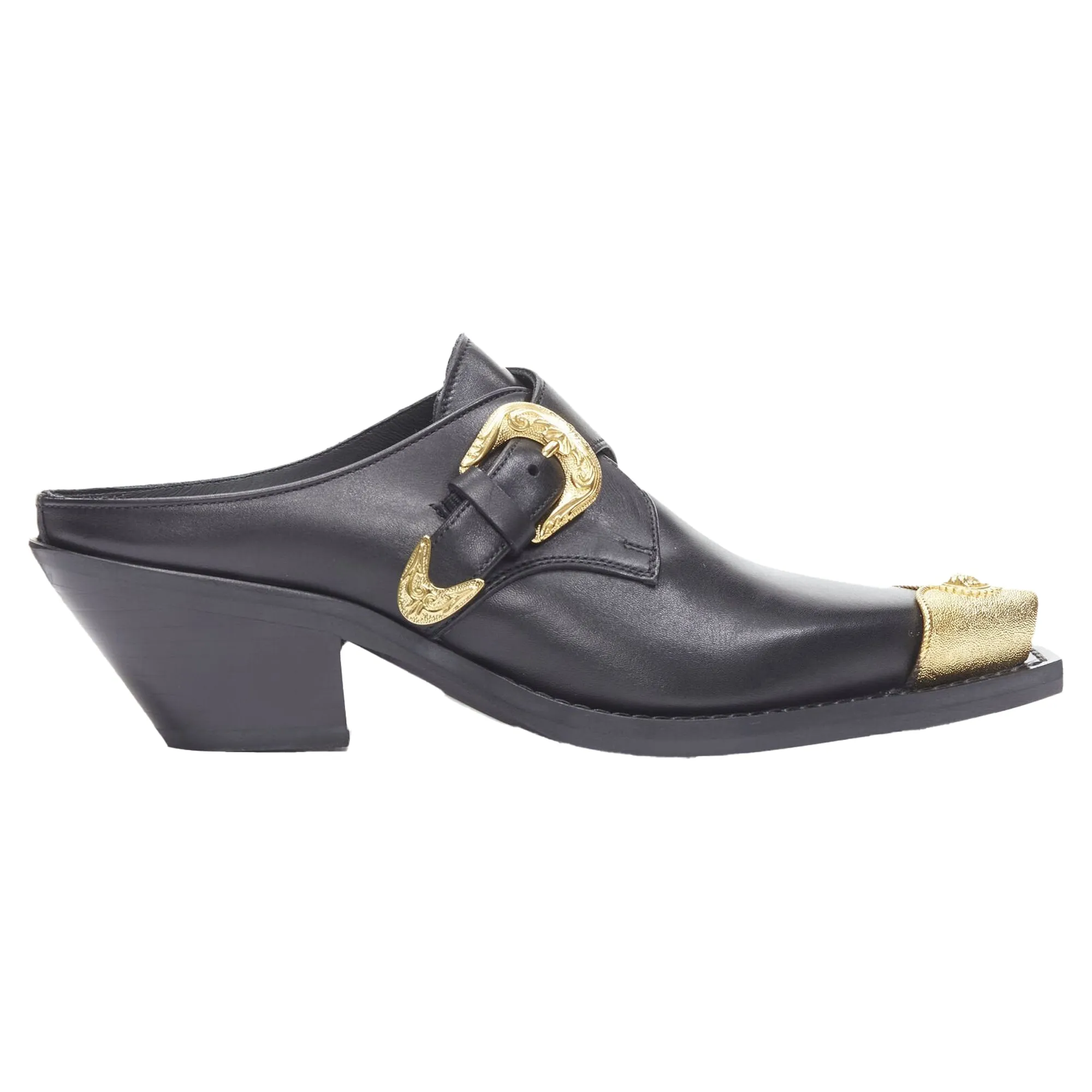 Versace Leather Gold Medusa Toe Western Buckle Cuban Mule