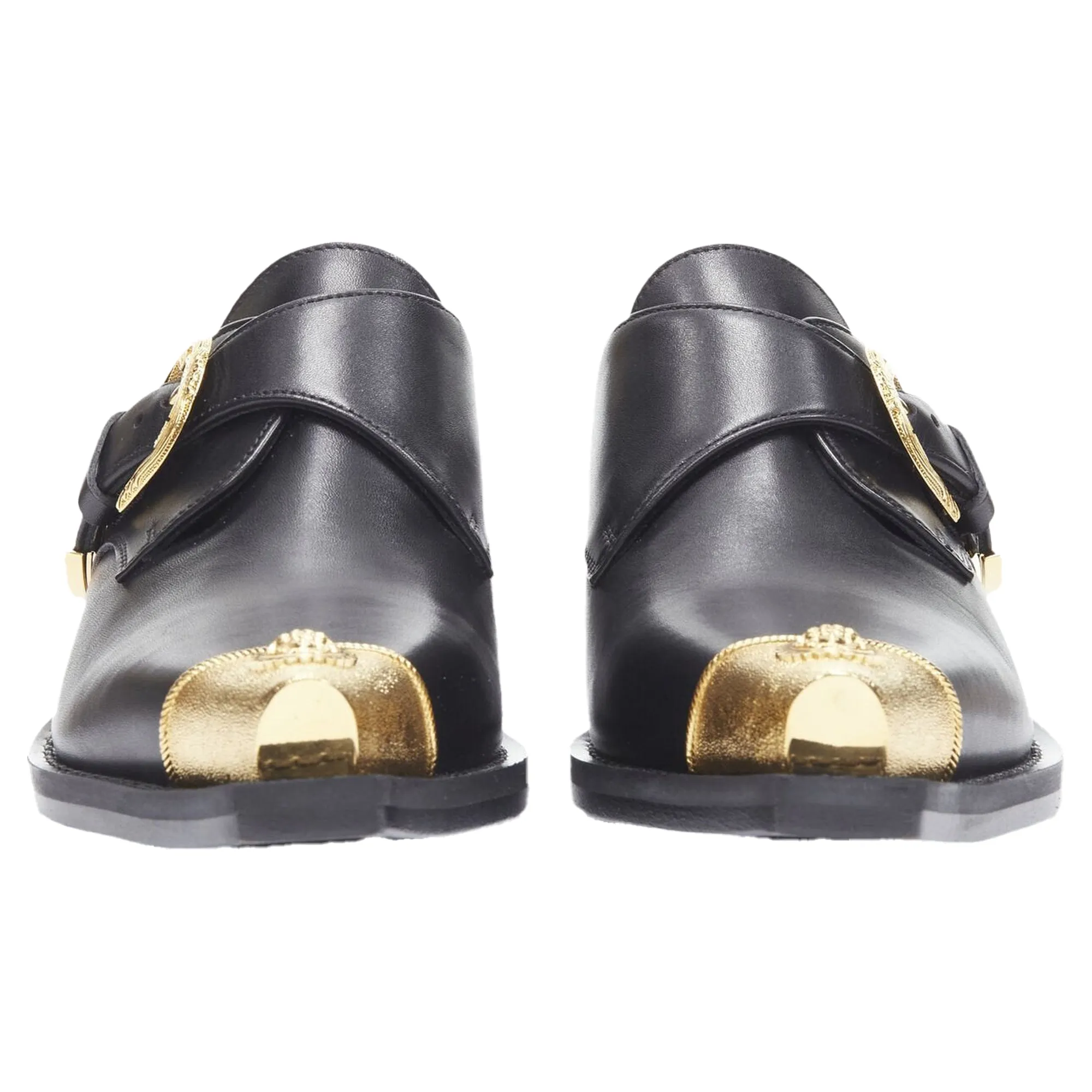 Versace Leather Gold Medusa Toe Western Buckle Cuban Mule