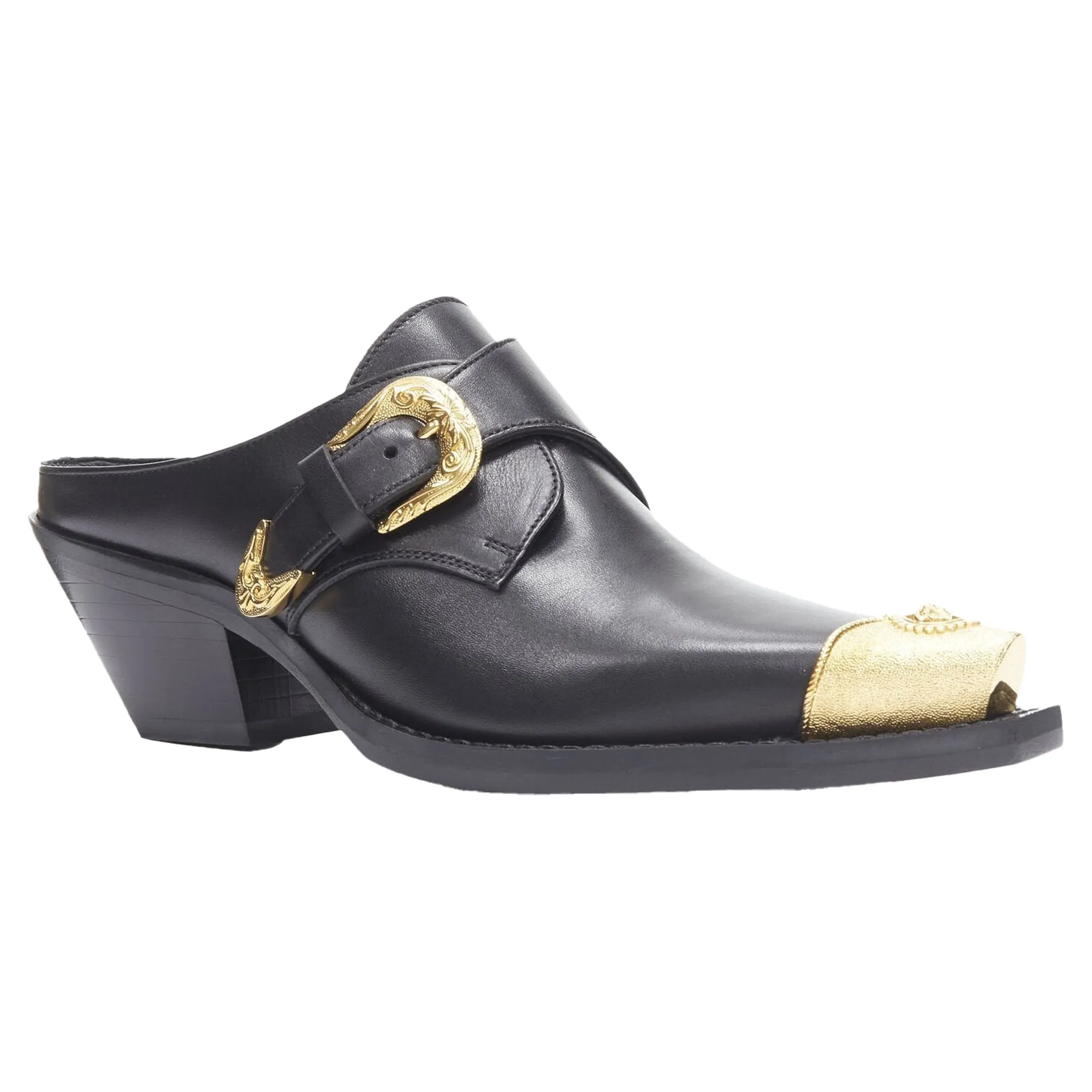 Versace Leather Gold Medusa Toe Western Buckle Cuban Mule
