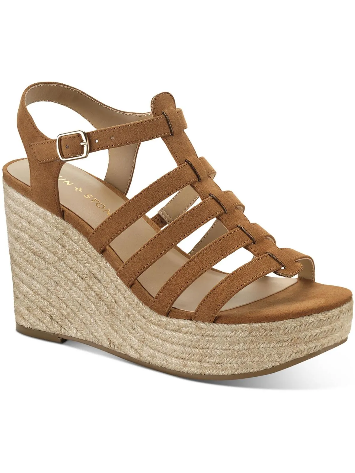 Wesleyy   Womens Faux Suede Caged Wedge Sandals