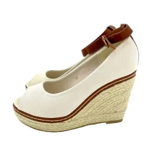 Women's Open Toe Canvas Espadrille Ankle Strap Wedge Shoes In Beige