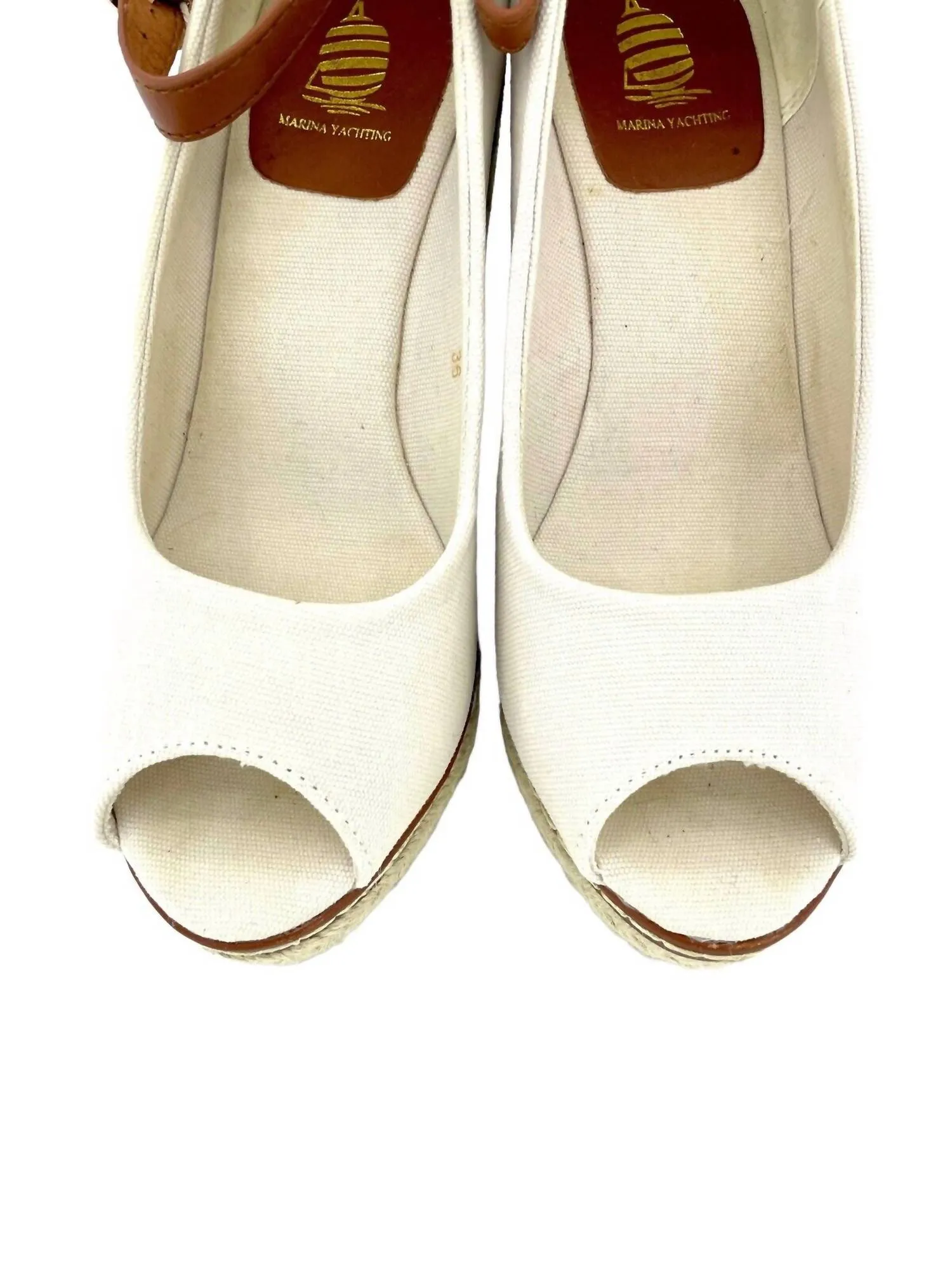 Women's Open Toe Canvas Espadrille Ankle Strap Wedge Shoes In Beige
