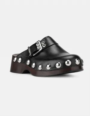 Women's Retro Studded Leather Clog In Black